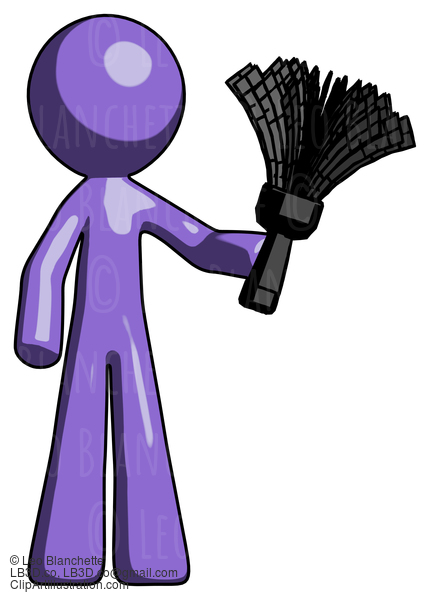 Purple Design Mascot Man Holding Feather Duster Facing Forward #10752