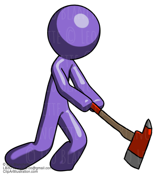 Purple Design Mascot Man Striking With A Red Firefighter’S Ax #10753