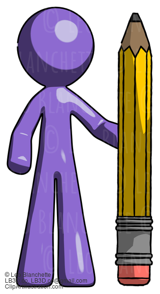 Purple Design Mascot Man With Large Pencil Standing Ready To Write #10756