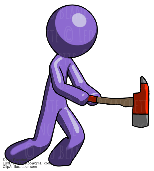 Purple Design Mascot Man With Ax Hitting, Striking, Or Chopping #10757