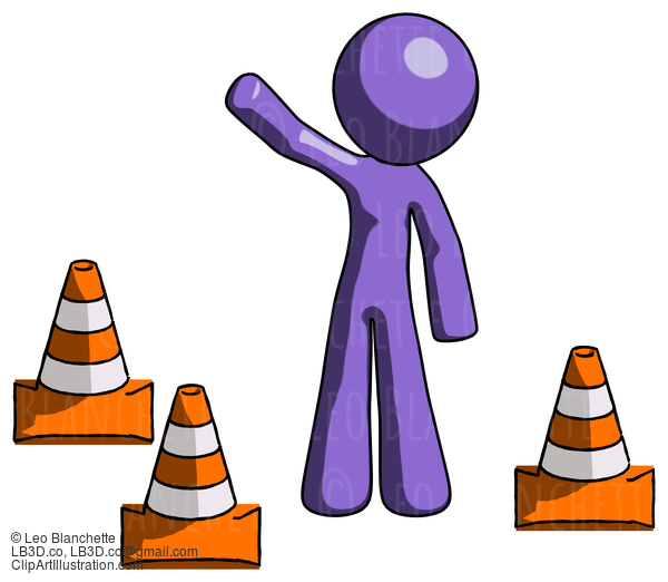 Purple Design Mascot Man Standing By Traffic Cones Waving #10758