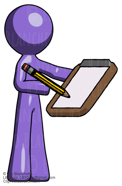 Purple Design Mascot Man Using Clipboard And Pencil #10760