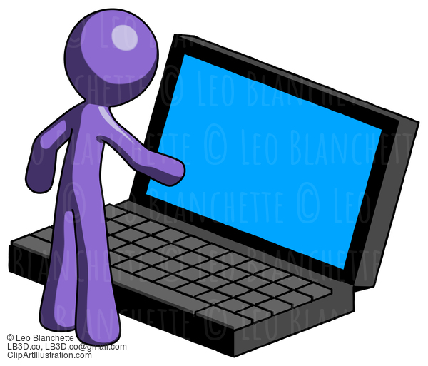 Purple Design Mascot Man Using Large Laptop Computer #10761