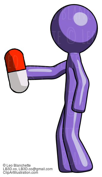 Purple Design Mascot Man Holding Red Pill Walking To Left #10765