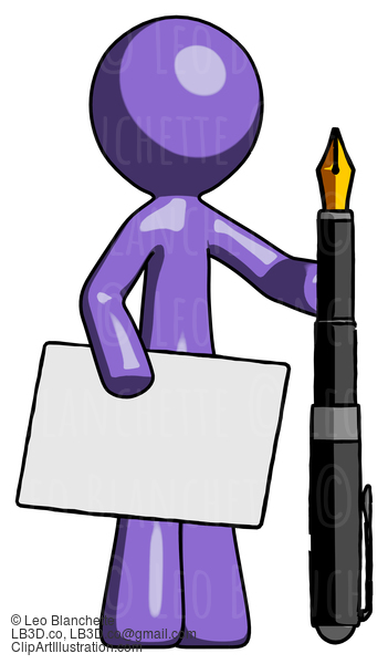 Purple Design Mascot Man Holding Large Envelope And Calligraphy Pen #10766