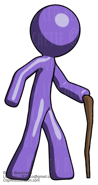 Purple Design Mascot Man Walking With Hiking Stick #10768