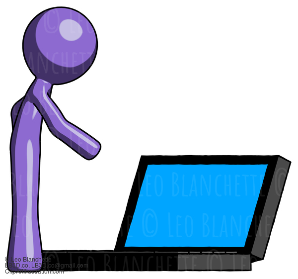 Purple Design Mascot Man Using Large Laptop Computer Side Orthographic View #10770