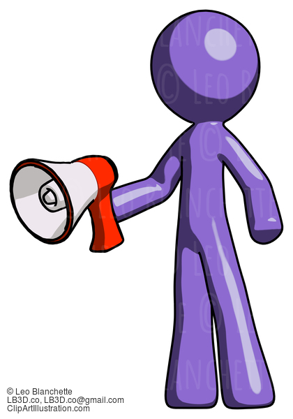 Purple Design Mascot Man Holding Megaphone Bullhorn Facing Right #10776