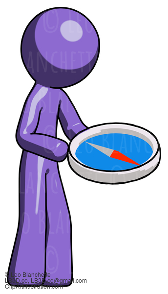 Purple Design Mascot Man Looking At Large Compass Facing Right #10778