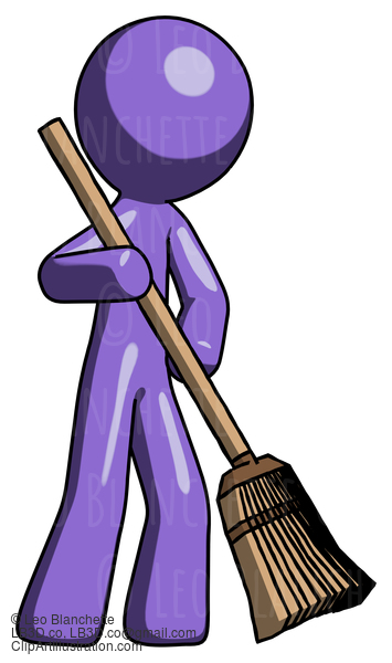 Purple Design Mascot Man Sweeping Area With Broom #10780