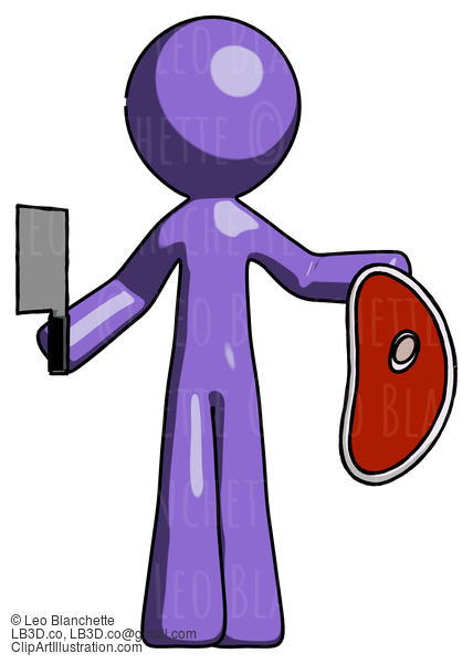 Purple Design Mascot Man Holding Large Steak With Butcher Knife #10781