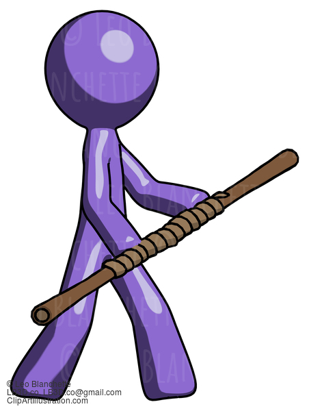 Purple Design Mascot Man Holding Bo Staff In Sideways Defense Pose #10790