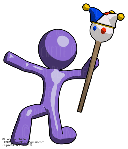 Purple Design Mascot Man Holding Jester Staff Posing Charismatically #10791