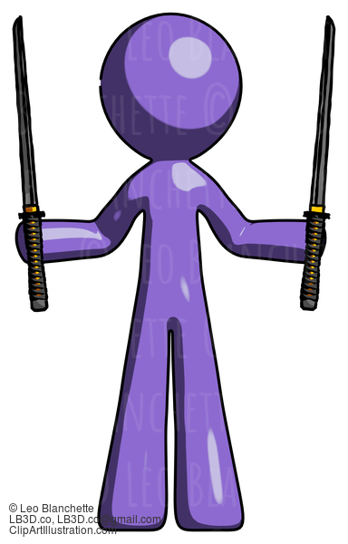 Purple Design Mascot Man Posing With Two Ninja Sword Katanas Up #10792