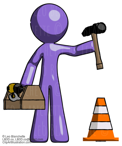 Purple Design Mascot Man Under Construction Concept, Traffic Cone And Tools #10793