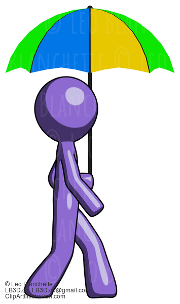 Purple Design Mascot Man Walking With Colored Umbrella #10794