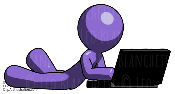 Purple Design Mascot Man Using Laptop Computer While Lying On Floor Side Angled View #10796