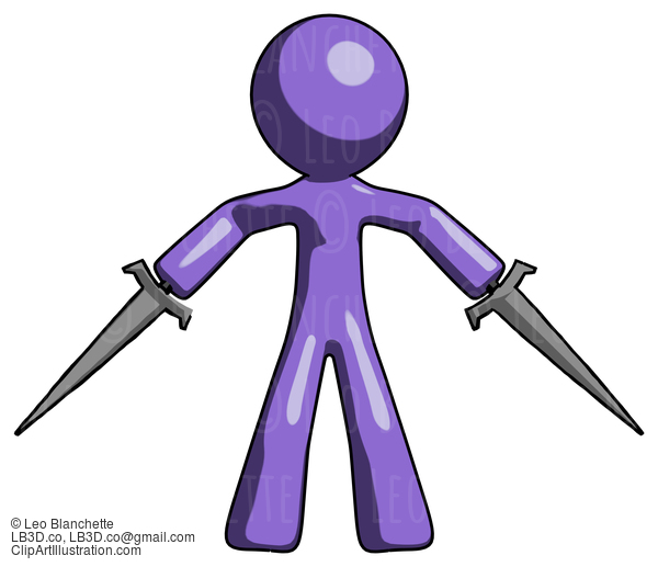 Purple Design Mascot Man Two Sword Defense Pose #10799