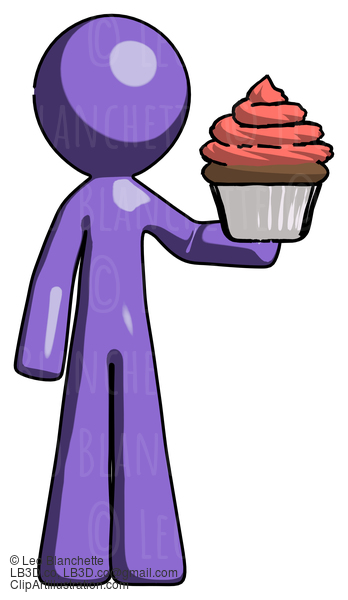 Purple Design Mascot Man Presenting Pink Cupcake To Viewer #10800