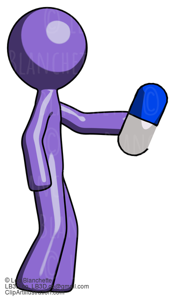 Purple Design Mascot Man Holding Blue Pill Walking To Right #10801