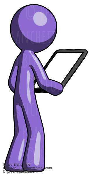 Purple Design Mascot Man Looking At Tablet Device Computer Facing Away #10803