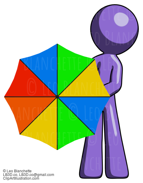 Purple Design Mascot Man Holding Rainbow Umbrella Out To Viewer #10805