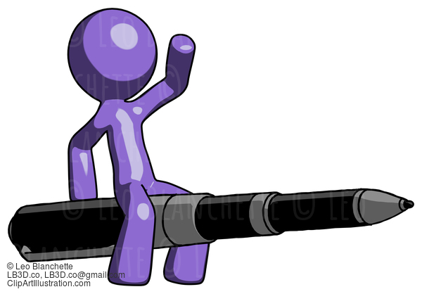 Purple Design Mascot Man Riding A Pen Like A Giant Rocket #10806