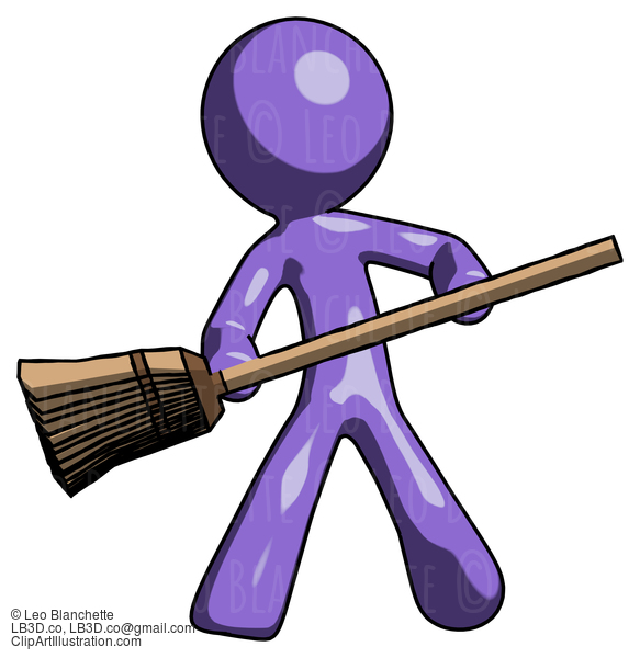 Purple Design Mascot Man Broom Fighter Defense Pose #10811