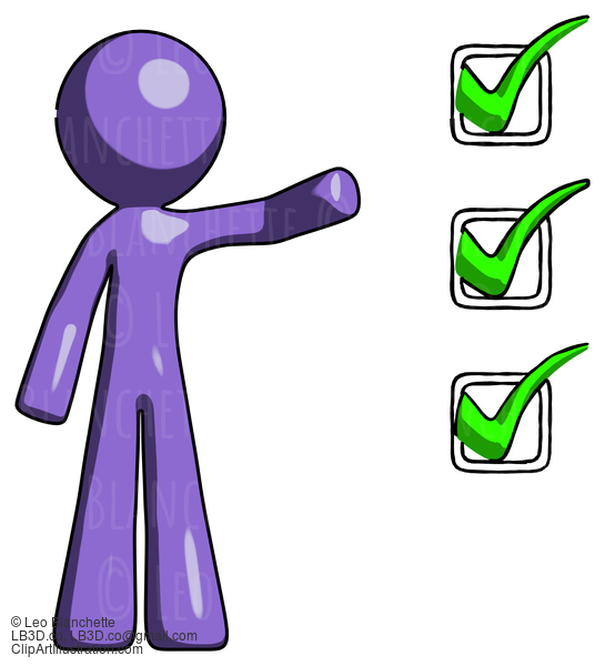 Purple Design Mascot Man Standing By List Of Checkmarks #10813