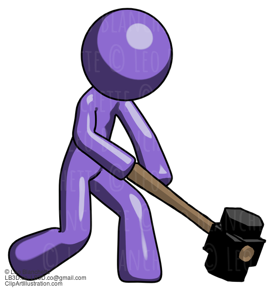 Purple Design Mascot Man Hitting With Sledgehammer, Or Smashing Something At Angle #10815