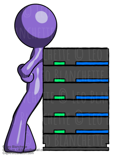 Purple Design Mascot Man Resting Against Server Rack #10816