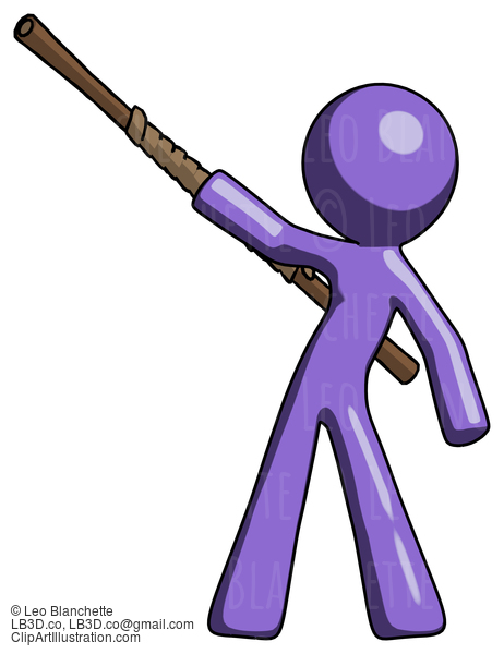 Purple Design Mascot Man Bo Staff Pointing Up Pose #10817