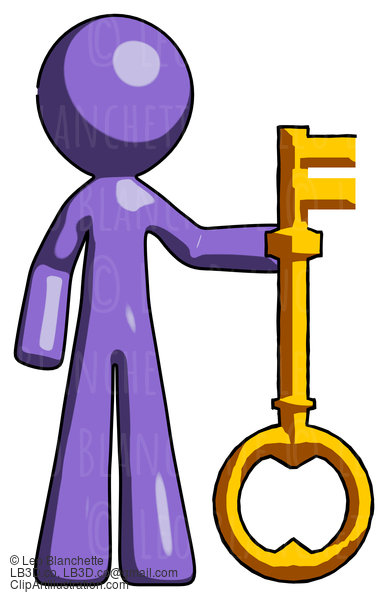 Purple Design Mascot Man Holding Key Made Of Gold #10819