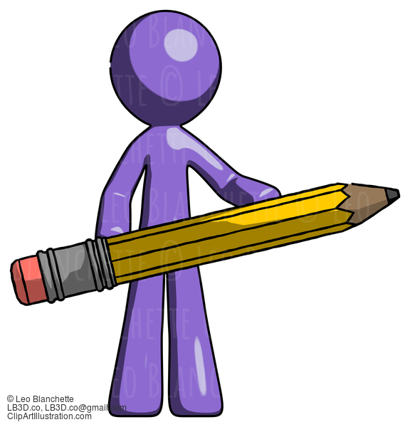 Purple Design Mascot Man Writer Or Blogger Holding Large Pencil #10823