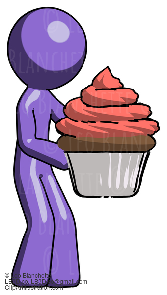 Purple Design Mascot Man Holding Large Cupcake Ready To Eat Or Serve #10831