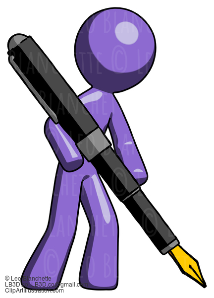 Purple Design Mascot Man Drawing Or Writing With Large Calligraphy Pen #10832