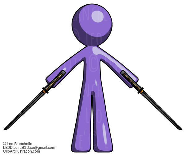 Purple Design Mascot Man Posing With Two Ninja Sword Katanas #10835