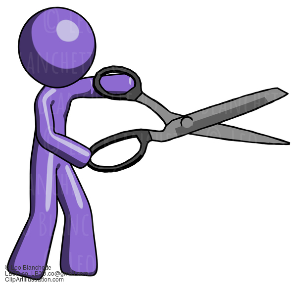 Purple Design Mascot Man Holding Giant Scissors Cutting Out Something #10840