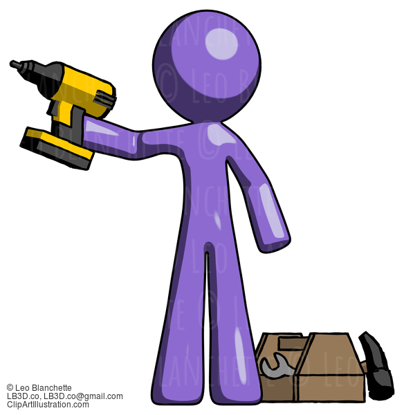 Purple Design Mascot Man Holding Drill Ready To Work, Toolchest And Tools To Right #10843