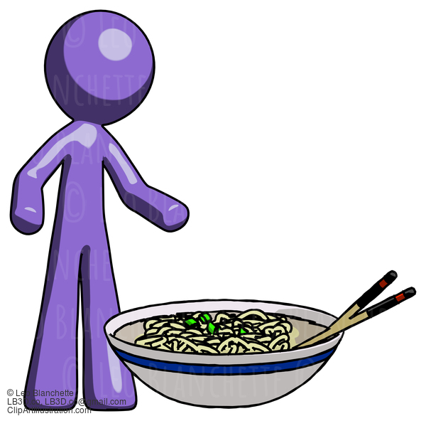 Purple Design Mascot Man And Noodle Bowl, Giant Soup Restaraunt Concept #10846