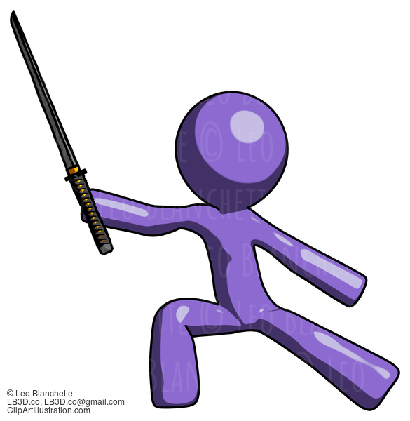 Purple Design Mascot Man With Ninja Sword Katana In Defense Pose #10852