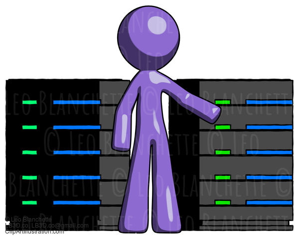 Purple Design Mascot Man With Server Racks, In Front Of Two Networked Systems #10856