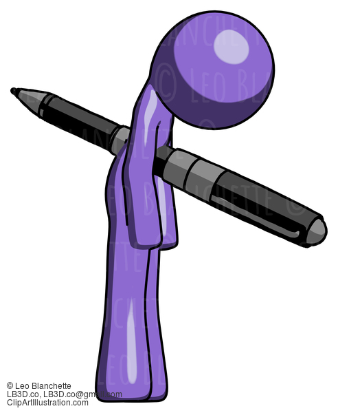 Purple Design Mascot Man Impaled Through Chest With Giant Pen #10862