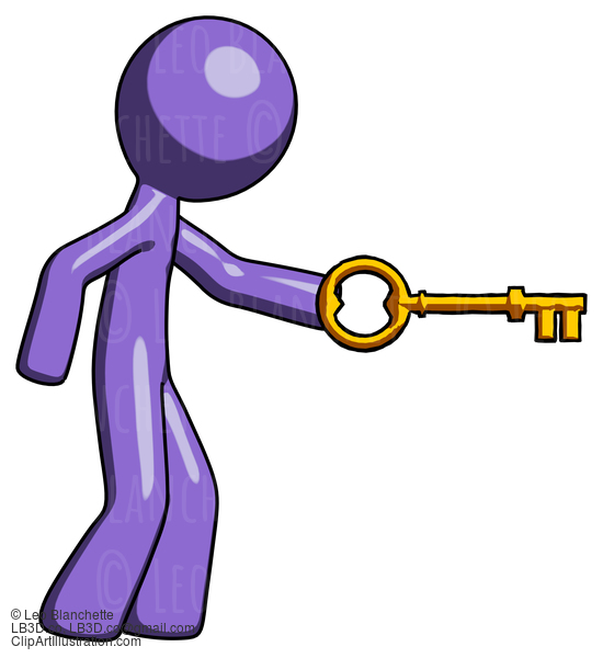 Purple Design Mascot Man With Big Key Of Gold Opening Something #10865