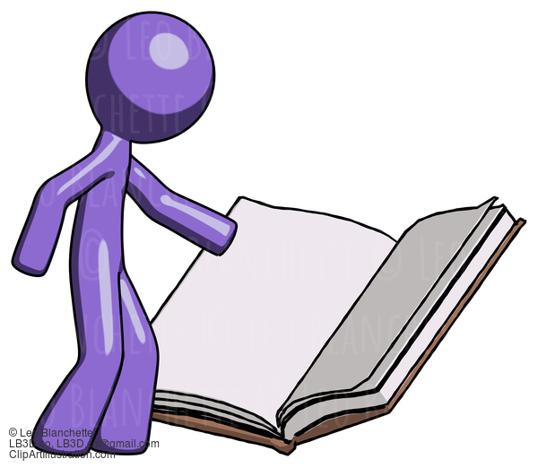 Purple Design Mascot Man Reading Big Book While Standing Beside It #10868