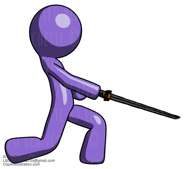 Purple Design Mascot Man With Ninja Sword Katana Slicing Or Striking Something #10872