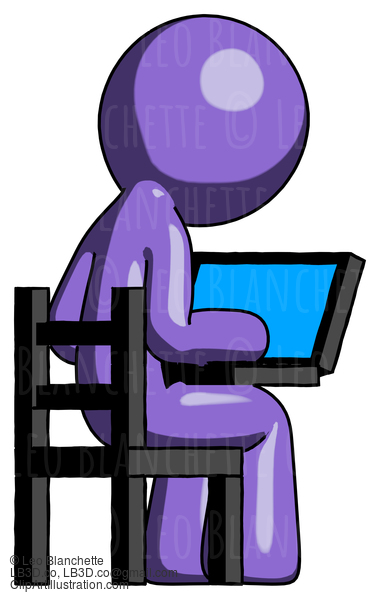 Purple Design Mascot Man Using Laptop Computer While Sitting In Chair View From Back #10876