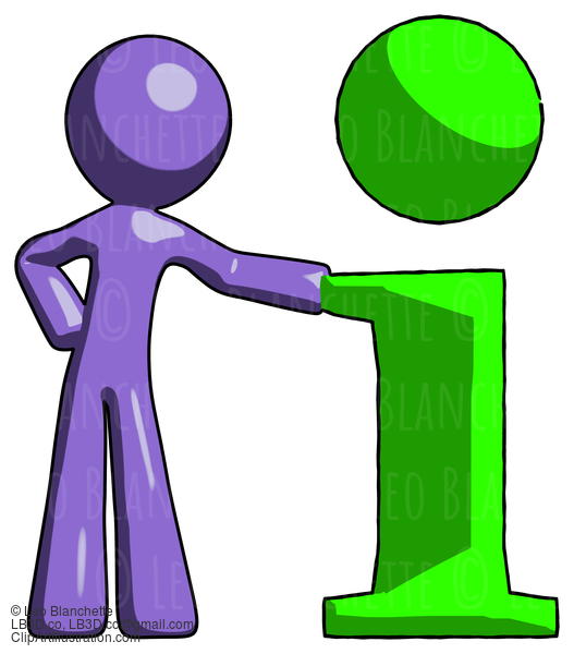 Purple Design Mascot Man With Info Symbol Leaning Up Against It #10878