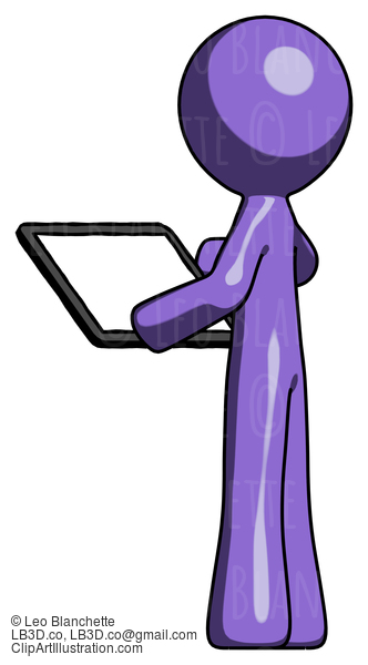 Purple Design Mascot Man Looking At Tablet Device Computer With Back To Viewer #10880