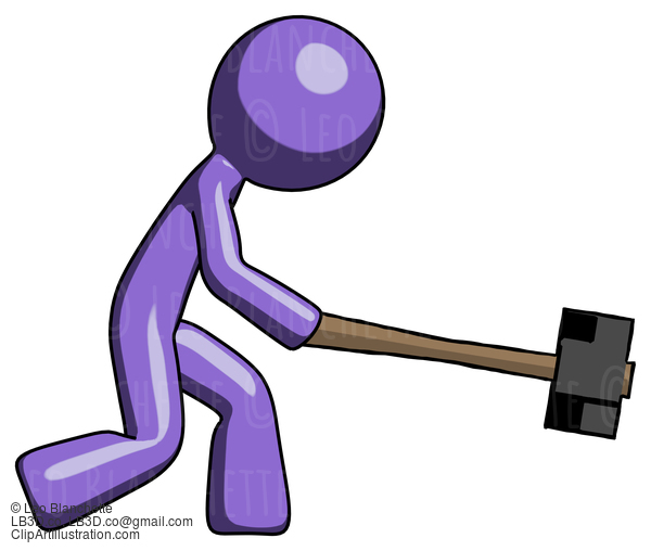 Purple Design Mascot Man Hitting With Sledgehammer, Or Smashing Something #10882